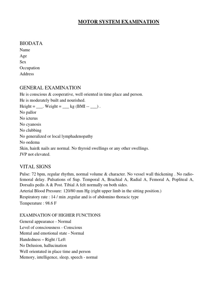 Comprehensive Motor System Assessment | PDF | Foot | Anatomical Terms ...