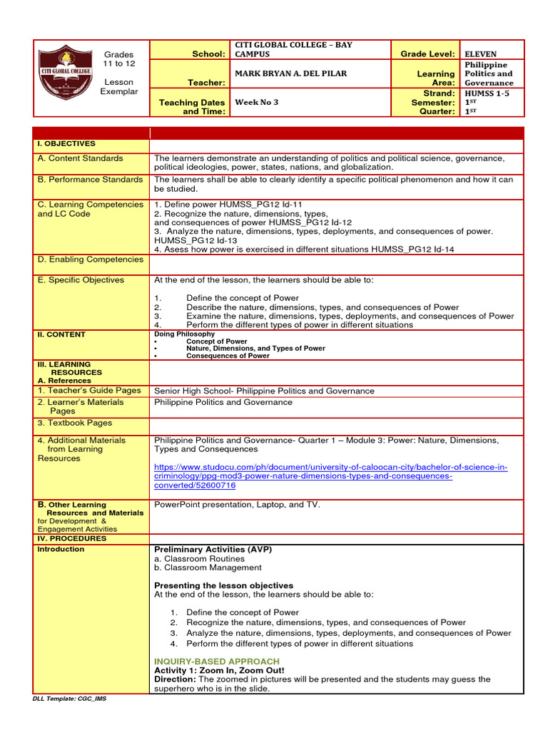 Lesson-Exemplar-Ppg Week 3 - Humss | PDF | Power (Social And Political ...