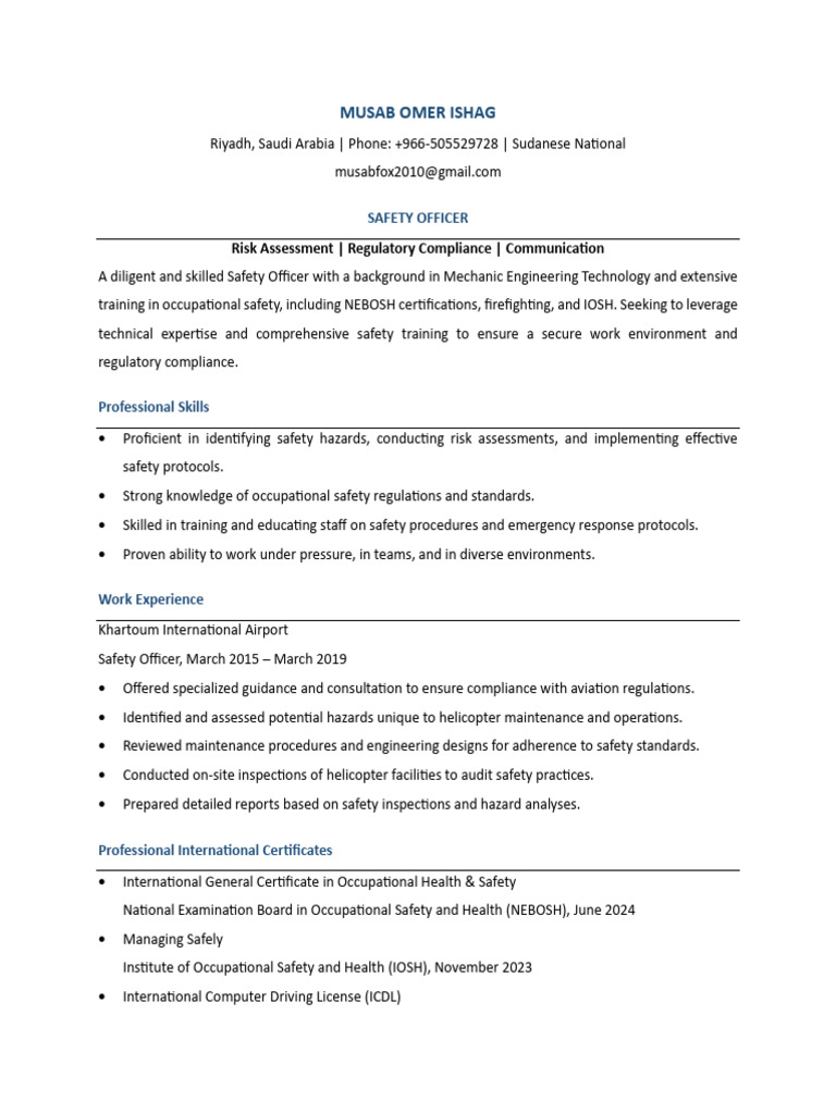 SAFETY OFFICER - CV | PDF | Safety | Occupational Safety And Health