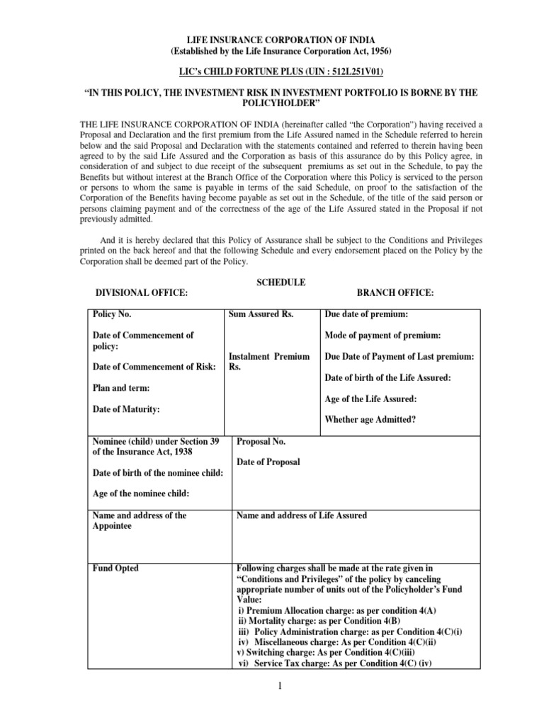 LIC Child Fortune Plus Policy Details | PDF | Investment Fund | Insurance
