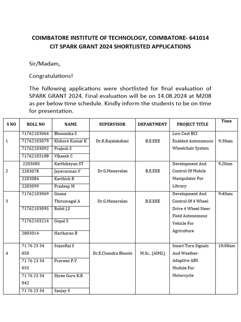 Circular Cit Spark Grant First Round Results Pdf Engineering