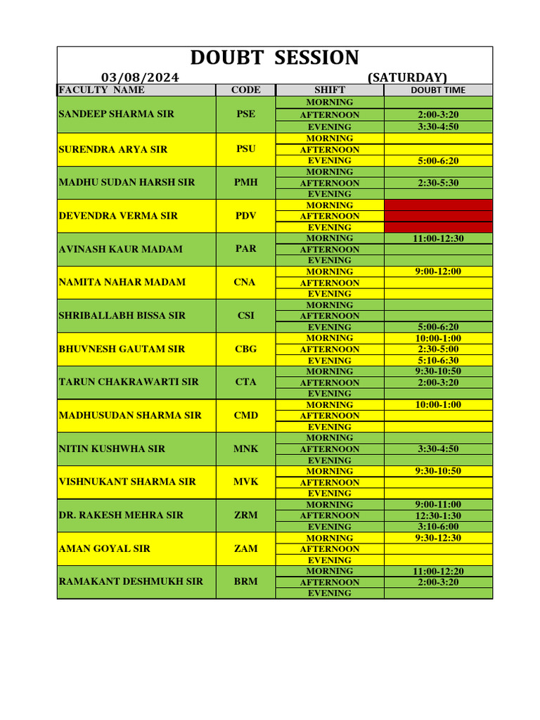Faculty Doubt Session Schedule 2024 | PDF