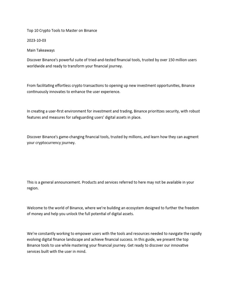 Master Binance: Top 10 Crypto Tools | PDF | Cryptocurrency | Investing