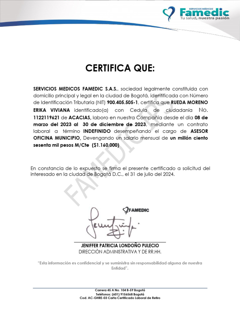 Certificado Laboral de Erika Rueda | PDF