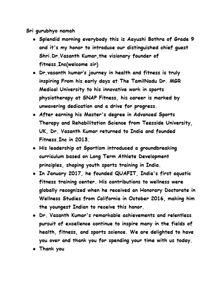 Chief Guest Intro - Vasanth Kumar | PDF | Wellness | Lifestyle