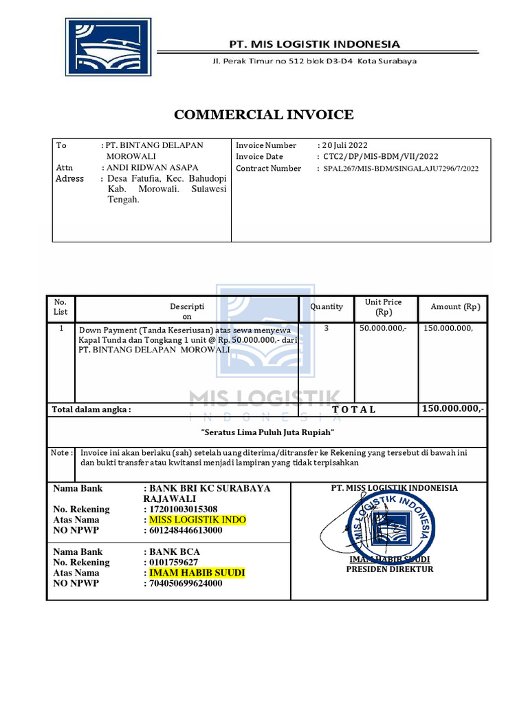 Invoice Sewa Kapal PT Bintang Delapan | PDF