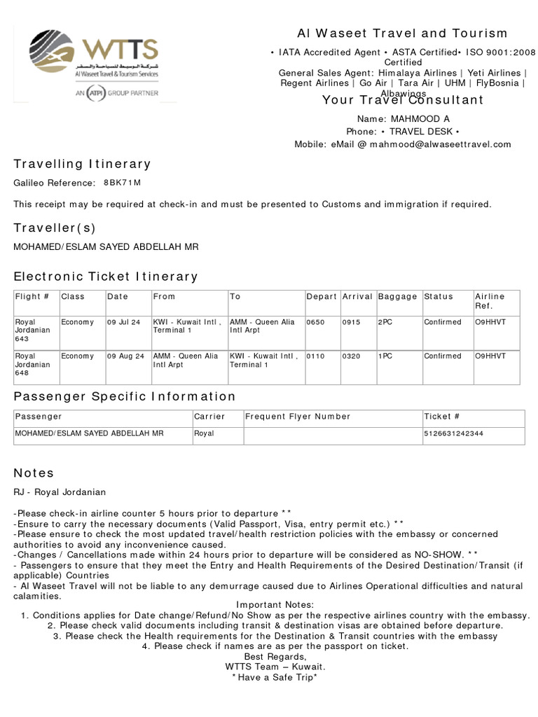 Al Waseet Travel Itinerary Details | PDF | Travel Visa | Aviation
