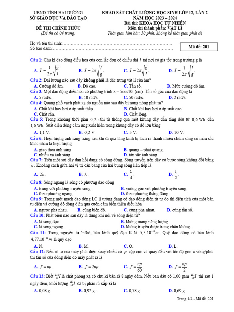 De KSCL Hoc Sinh Vat Li 12 Lan 2 Nam 2023 2024 So GDDT Hai Duong | PDF