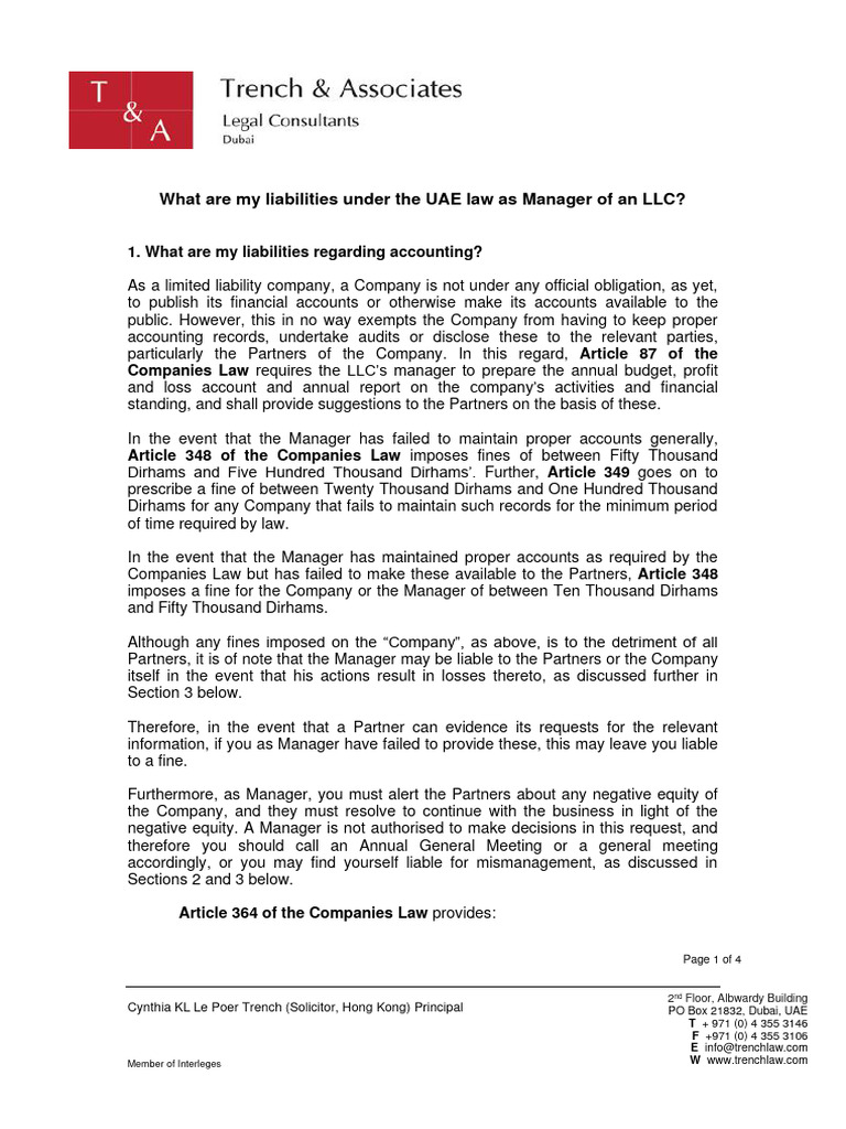 What Are My Liabilities Under The UAE Law As Manager of An LLC | PDF ...