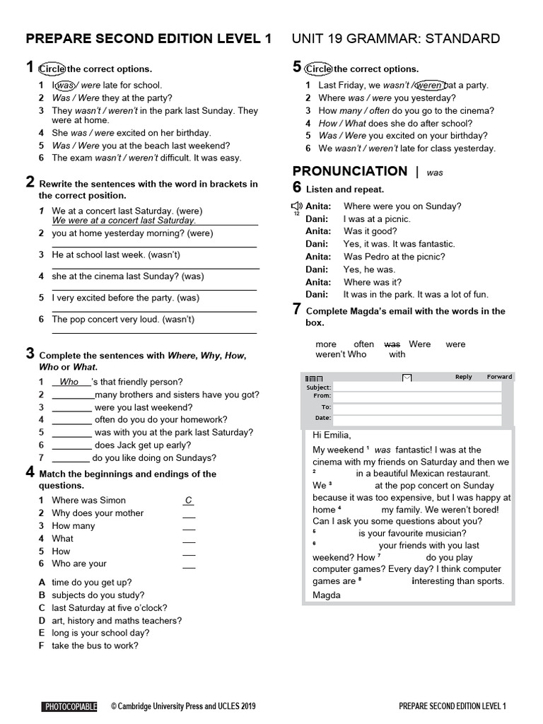 PREPARE 1 Grammar Standard Unit 19 | PDF