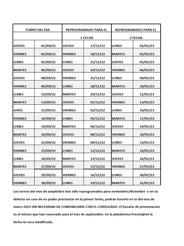 CALENDARIO REPROGRAMACIONES TURNOS SETTEMBRE 2022 | PDF