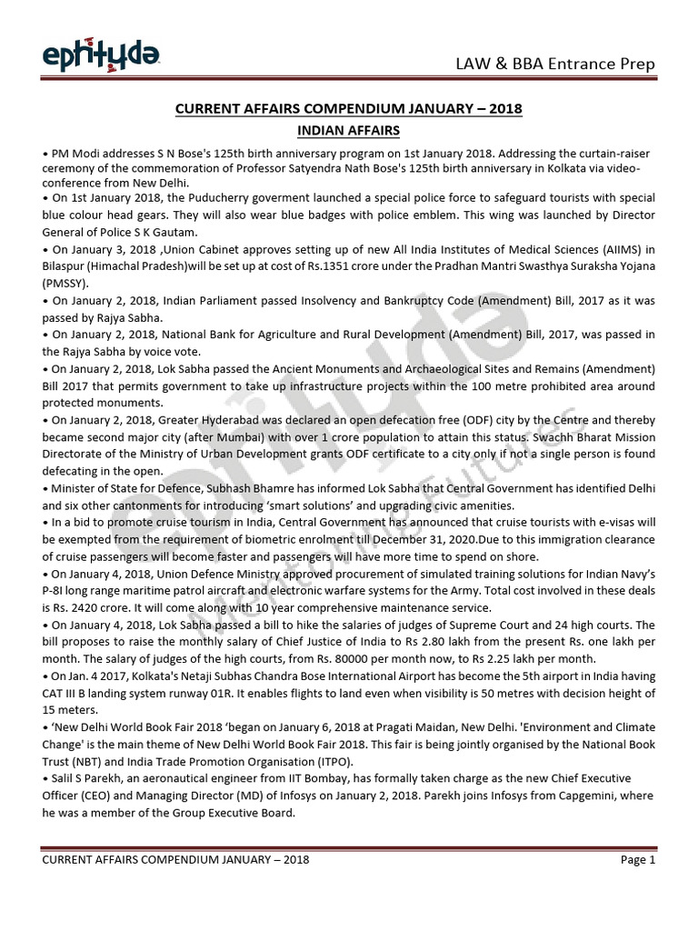 January 2018-Current Affairs Compendium | PDF | Government Of India