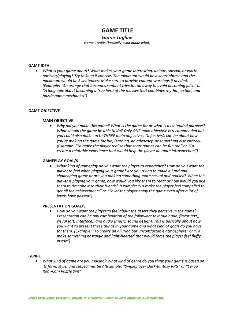 Simple Game Design Document Template | PDF