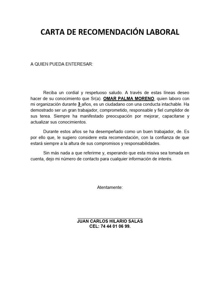 Carta de recomendación laboral formal | PDF | Crecimiento personal y ...