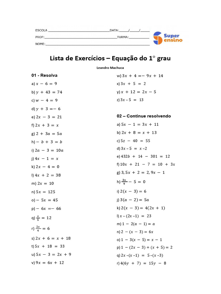 Exercícios de Equação do 1º Grau 7º Ano | PDF | Métodos e Materiais de ...