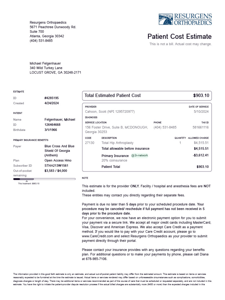 Patient Cost Estimate for Hip Surgery | PDF | Payments | Patient