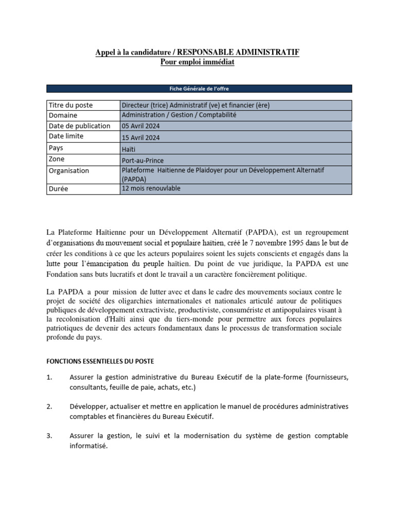 Offre d'emploi : Responsable Administratif PAPDA | PDF | Haïti