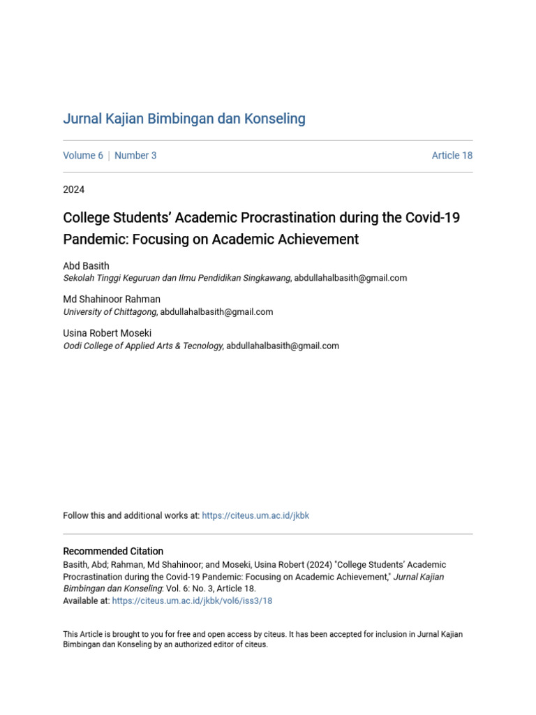 Academic Procrastination in College Students | PDF | Procrastination ...
