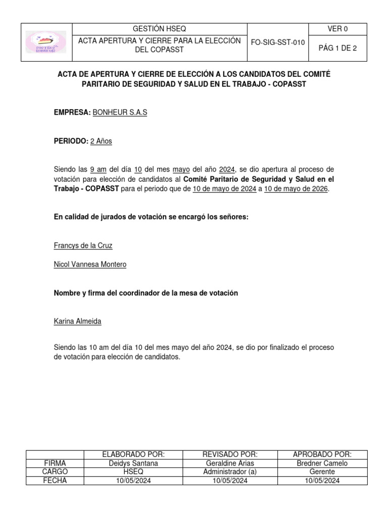Acta Apertura y Cierre de Elección Copasst Fo-Sig-Sst-010 | PDF ...