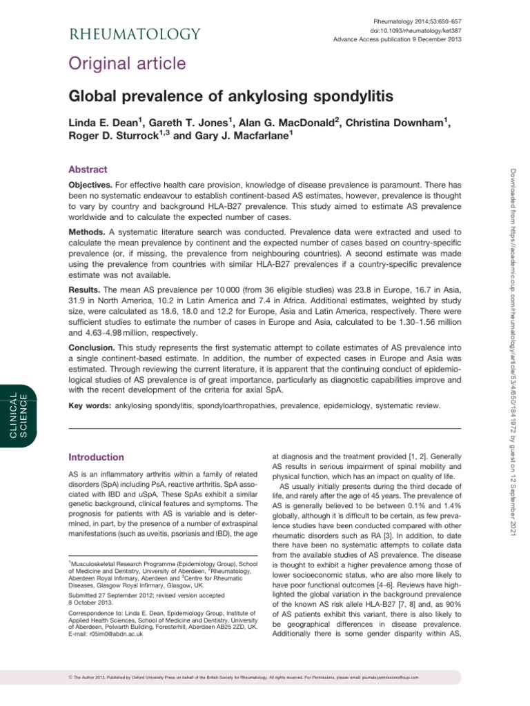 Dean Et Al. 2014 - Global Prevalence of Ankylosing Spondylitis | PDF ...