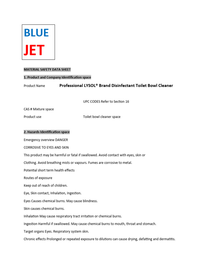 Blue Jet Toilet Bowl Cleaner MSDS | PDF | Firefighter | Personal ...