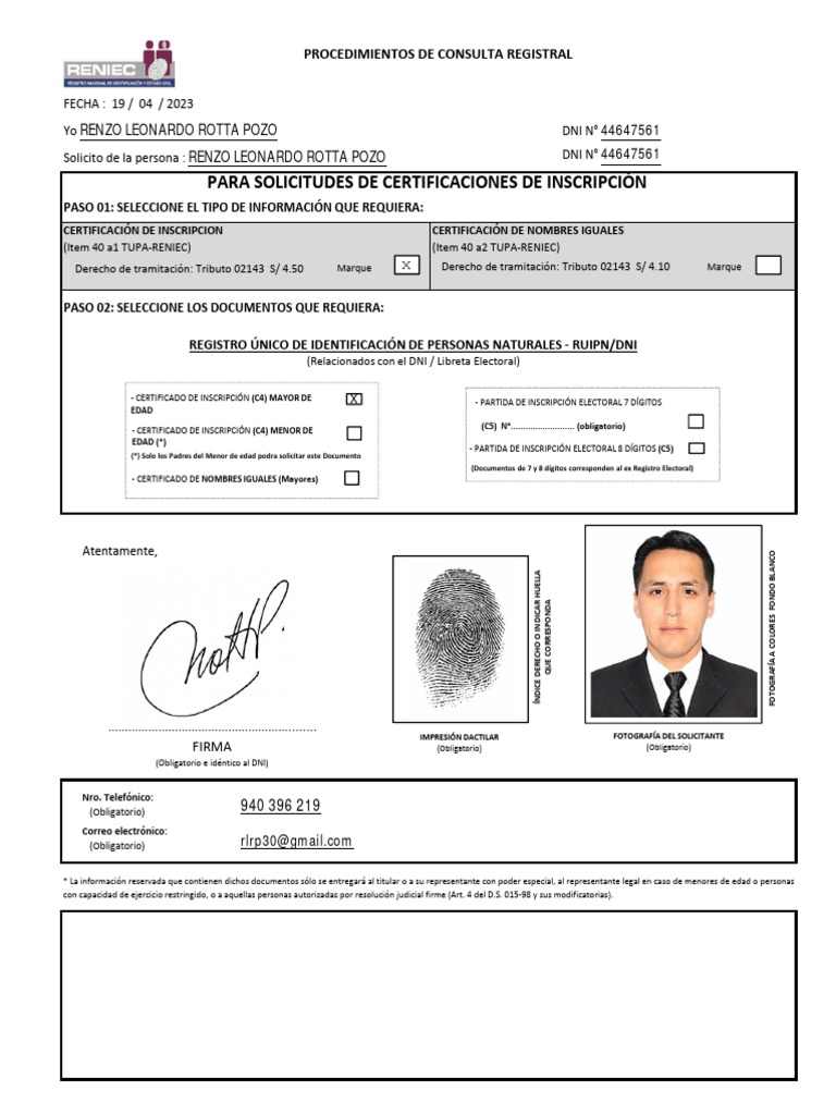 Solicitud de Certificado C4 RENIEC | PDF | Documento de identidad ...