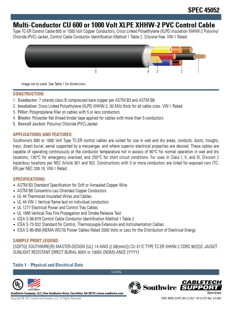 Southwire 600/1000V Control Cable Specs | PDF | Electrical Conductor ...