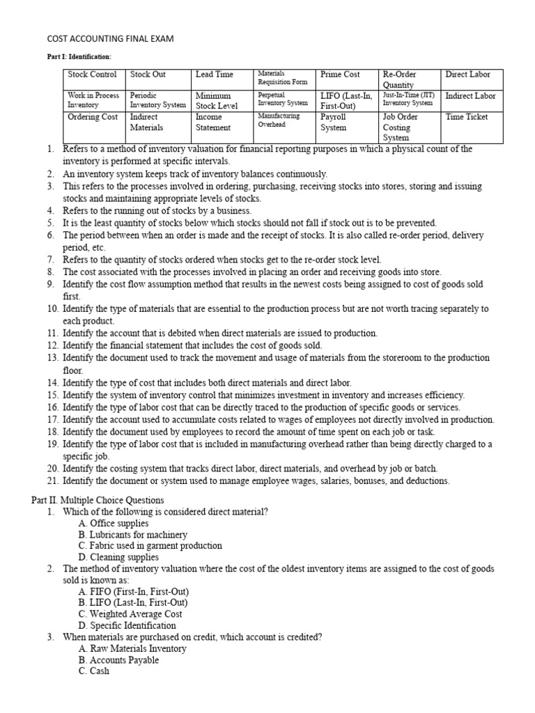 Cost Accounting Exam Study Guide | PDF | Inventory | Employment