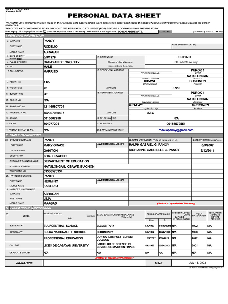 Personal Data Sheet Template | PDF | Government