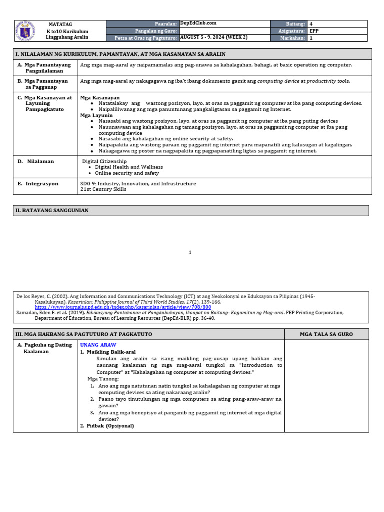DLL Matatag - Epp 4 Q1 W2 | PDF