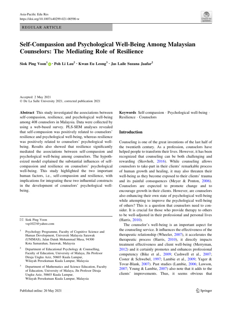 Self-Compassion, Resilience & Well-Being in Malaysian Counselors | PDF ...