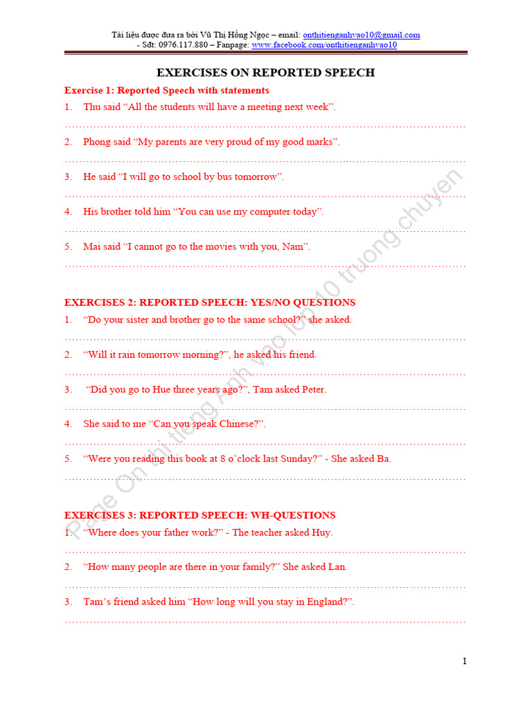 Reported Speech Exercise Final 05.12.2016 | PDF
