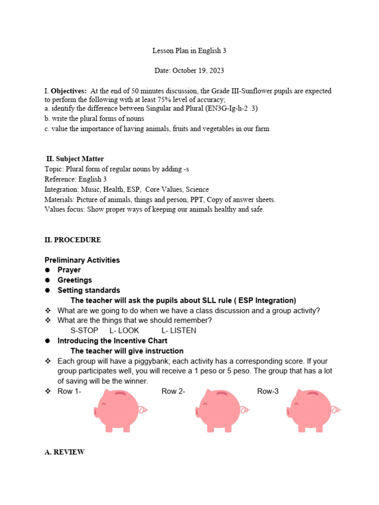 Grade 3 Singular and Plural Nouns Plan | PDF | Plural | Noun