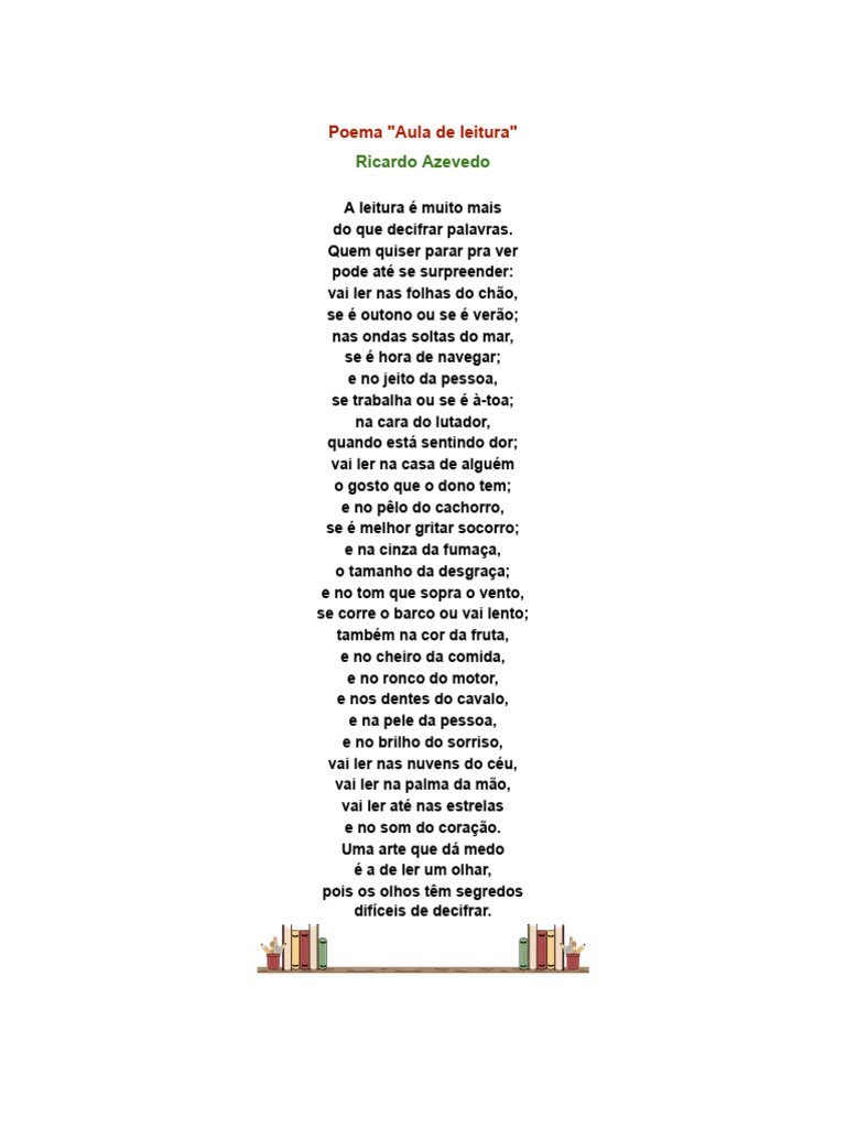 Poema "Aula de Leitura" de Ricardo Azevedo | PDF | Estudos de Línguas ...