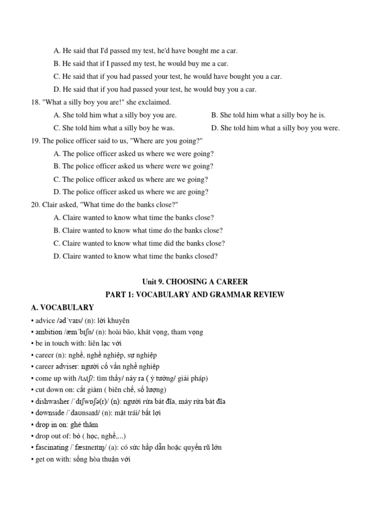 UNIT 9 CHOOSING A CAREER - BT Tiếng Anh Bùi Văn Vinh | PDF