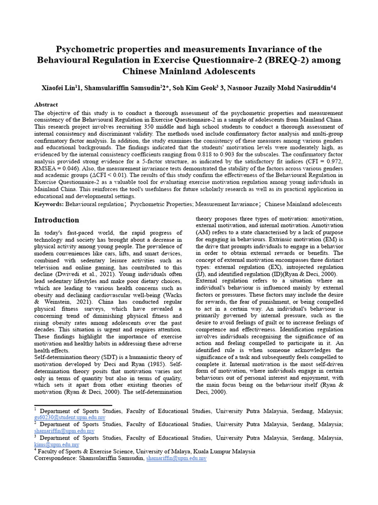 BREQ-2 Validation for Chinese Adolescents | PDF | Psychometrics ...