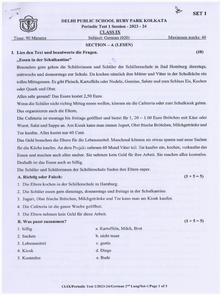CL 9 German 2023-24 Periodic Test 1 | PDF