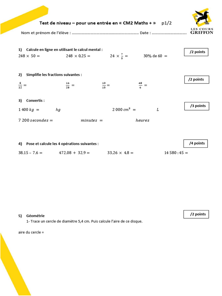Test de niveau CM2 Maths + | PDF | Géométrie | Géométrie euclidienne
