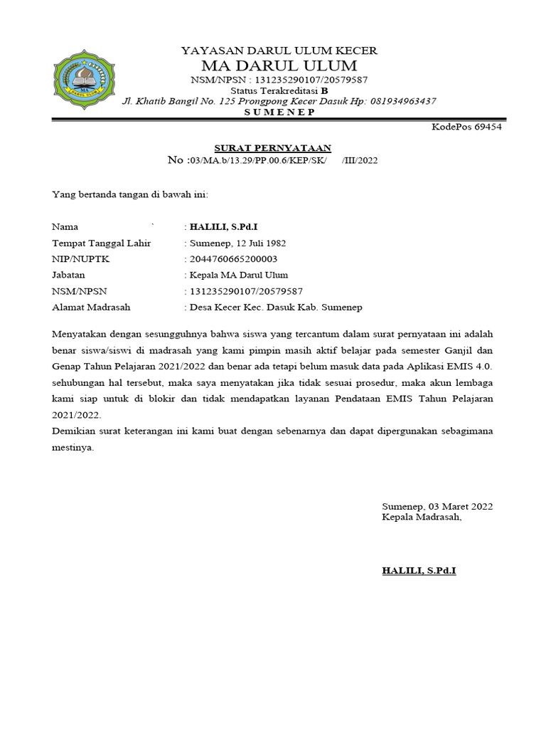 Pernyataan Siswa Emis Pdf