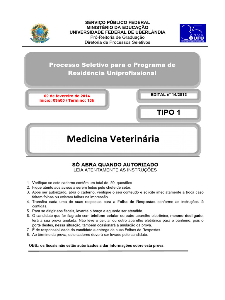 UFU 2014 Prova Residência Veterinária | PDF | Coração | Especialidades ...