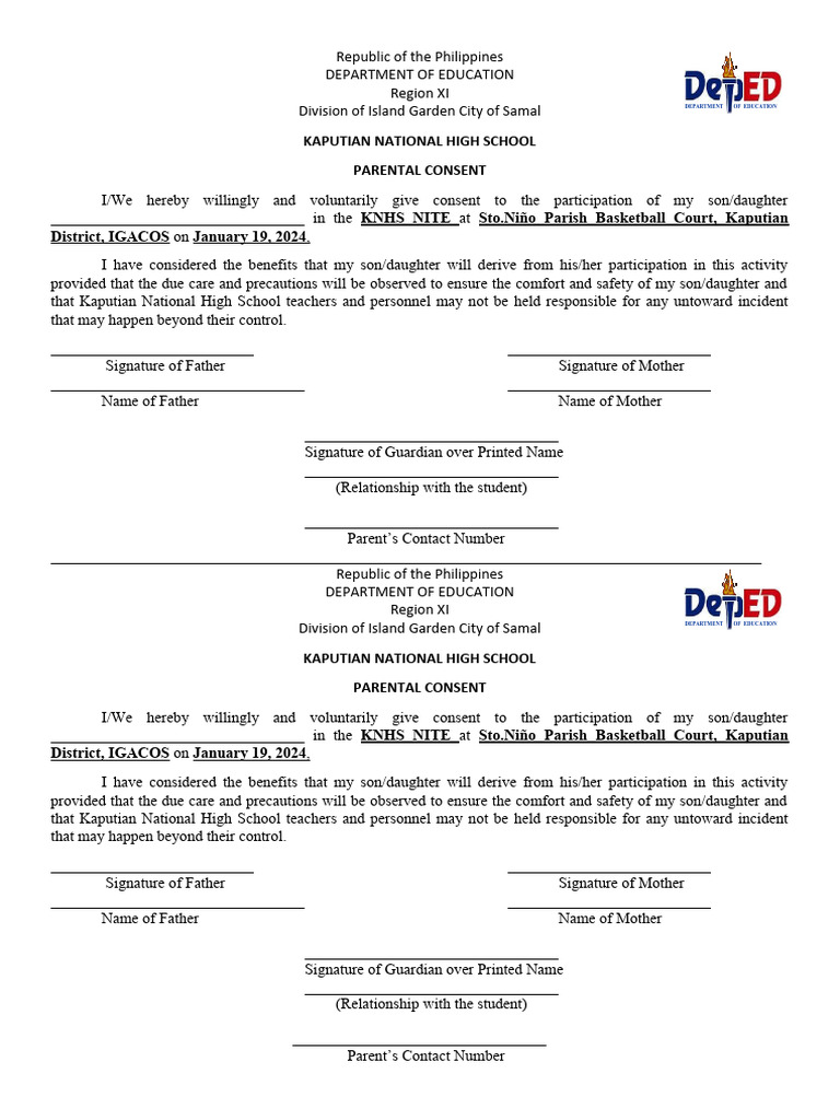 Parental Consent for KNHS NITE Event | PDF | Family | Interpersonal ...