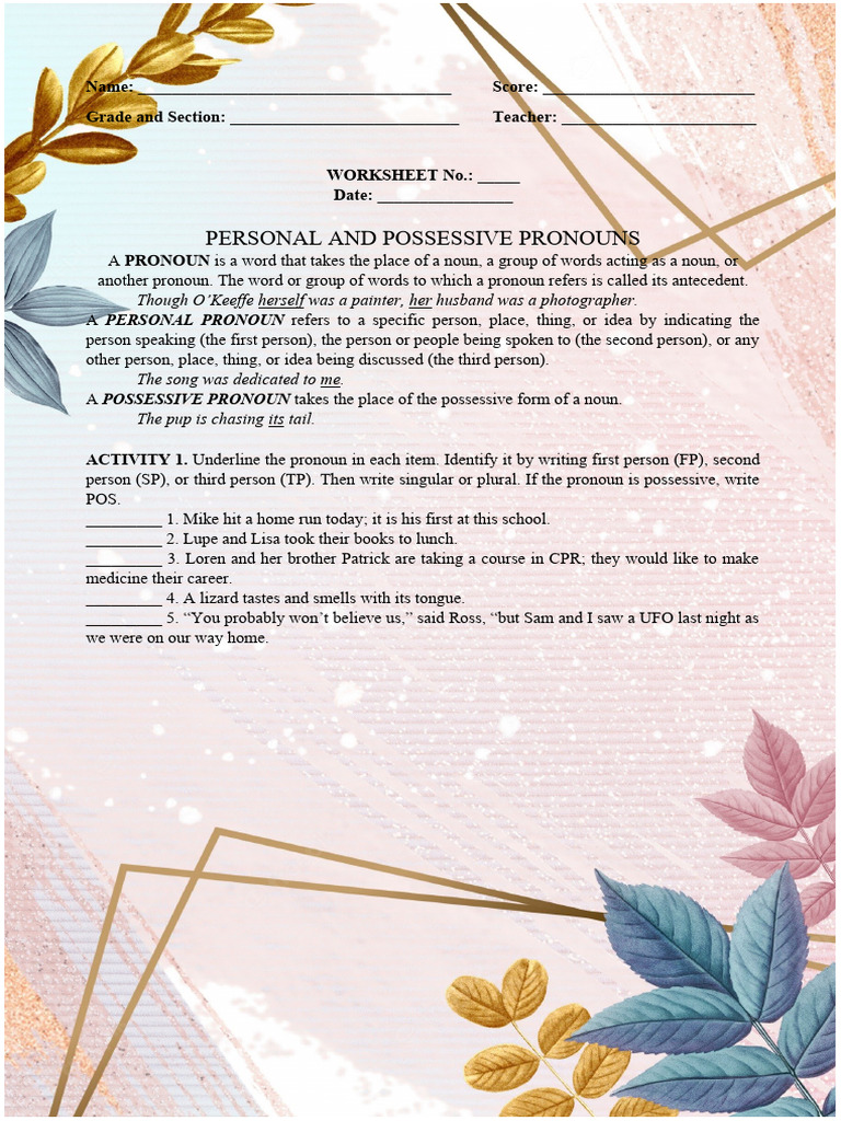 PRONOUNS WORKSHEET | PDF