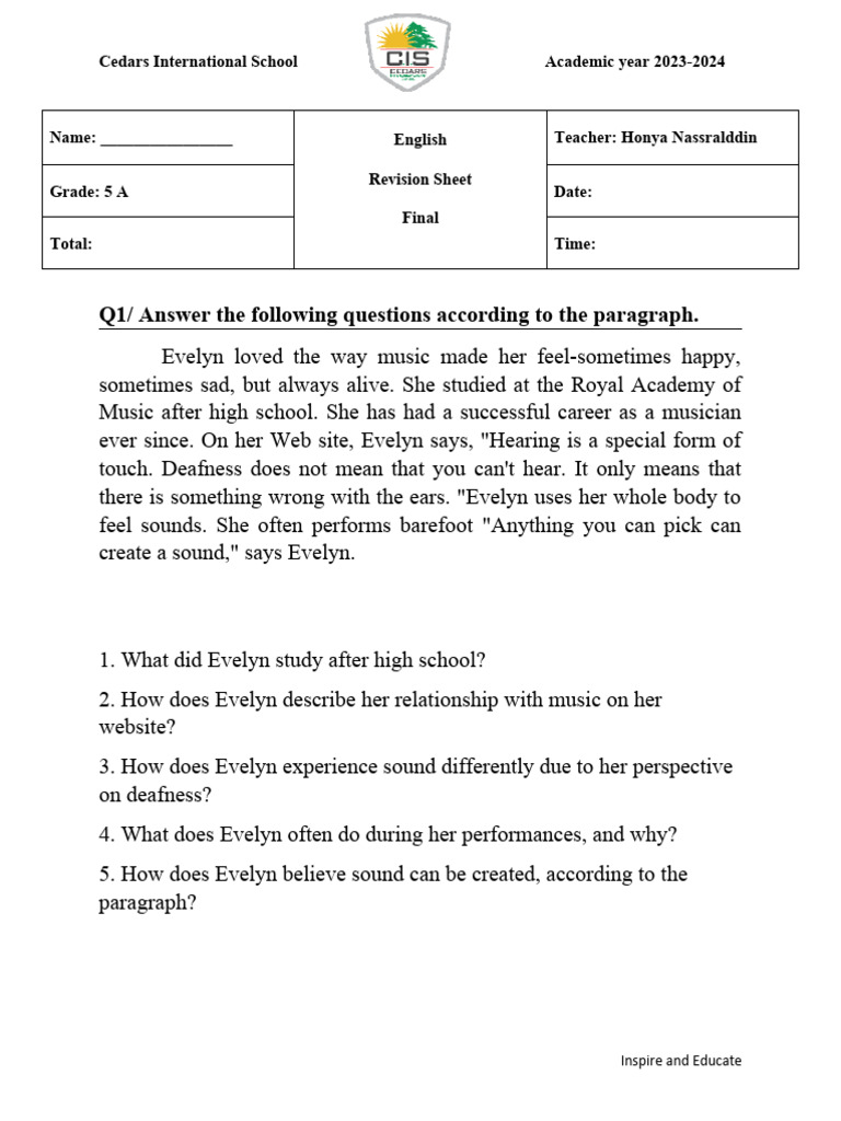 Grade 5 English Revision Sheet 2023-24 | PDF