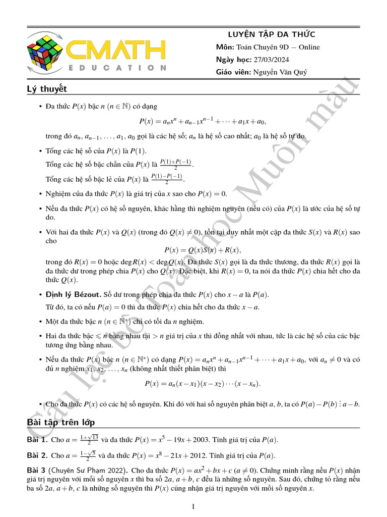 (L9DON23) 27 03 2024 Luyen Tap Da Thuc | PDF