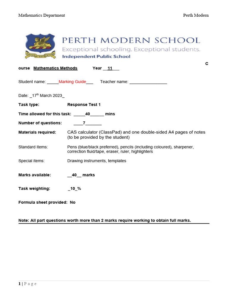 2023 Yr 11 Methods Test 1 Solutions PDF Equations Cartesian Coordinate System