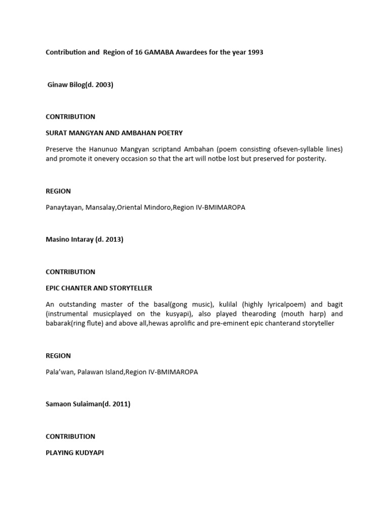 GAMABA Awardees Contributions by Region | PDF | Philippines