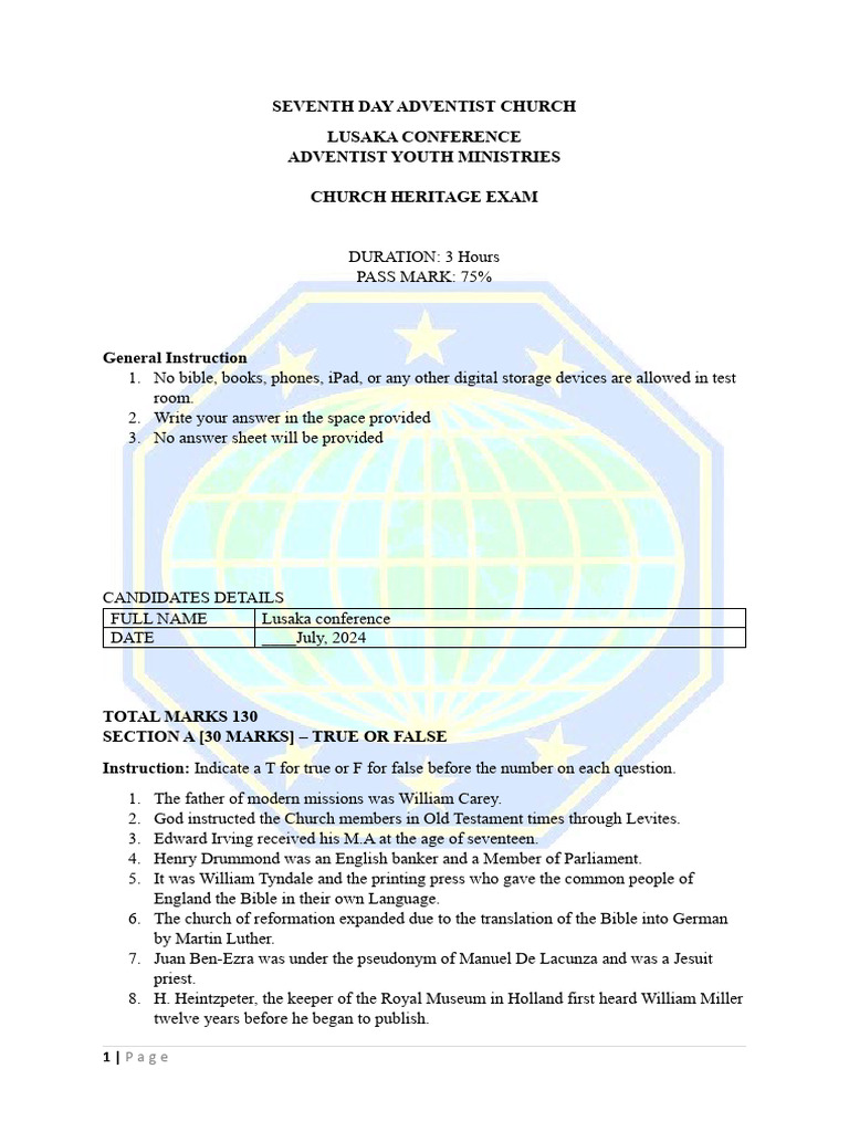 SDA Church Heritage Exam 2024 | PDF | Seventh Day Adventist Church ...