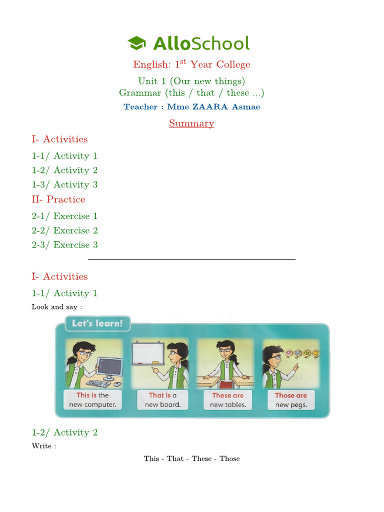 Unit 1 Grammar This That These | PDF