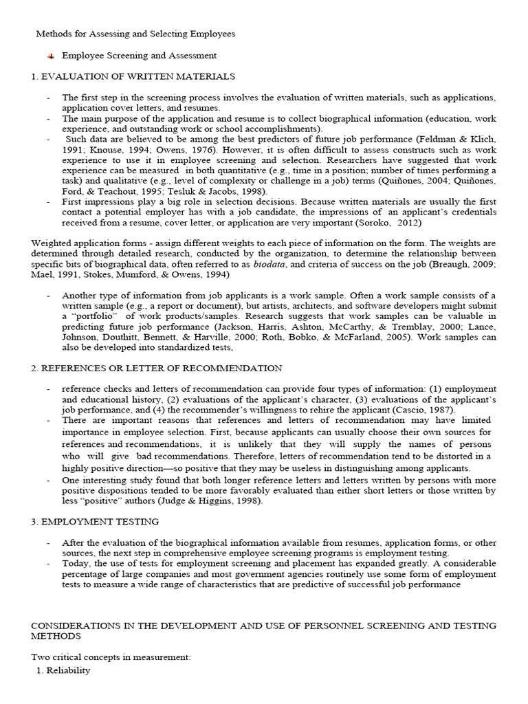Methods For Assessing and Selecting Employees | PDF | Validity ...