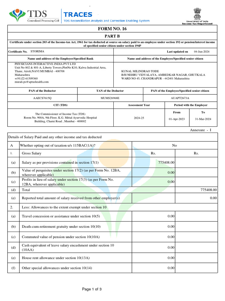 Form 16: TDS Certificate for Salary | PDF | Tax Deduction | Pension